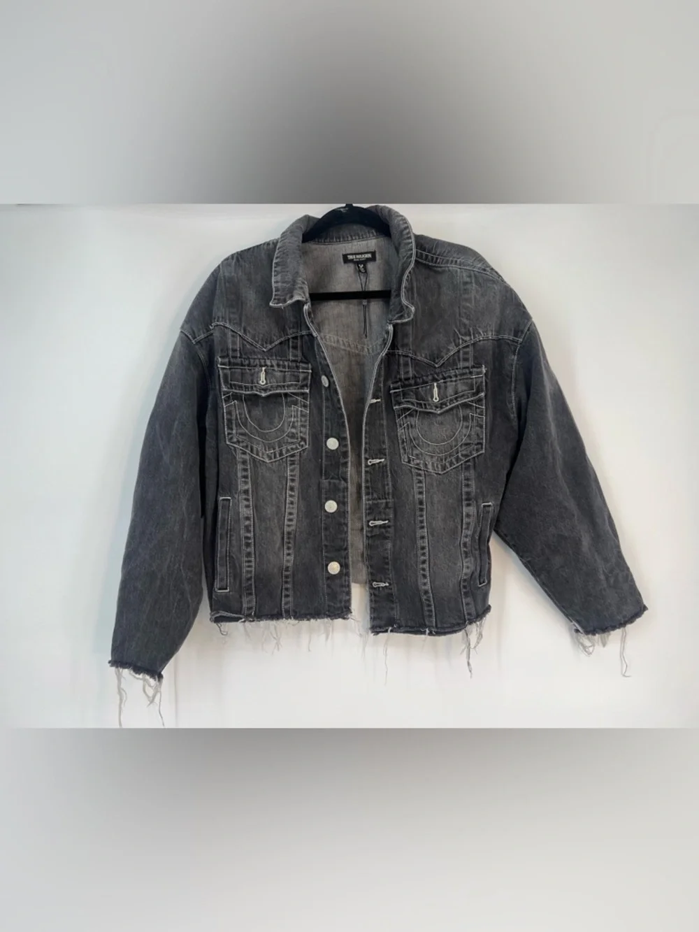 True Religion Oversized Jimmy Denim Jacket Gray Black Raw Hem Men's Medium Y2K